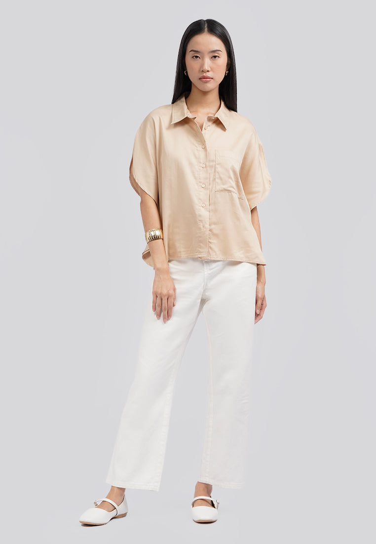 Rounded Short Sleeve Blouse Khaki