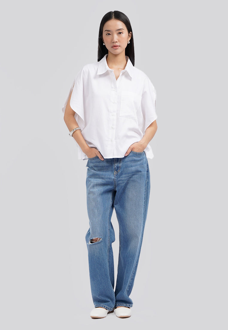 Rounded Short Sleeve Blouse Off White