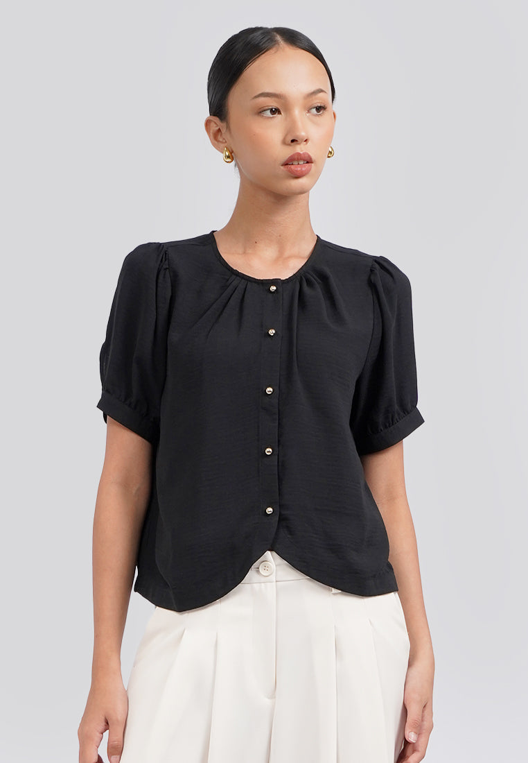 Round Neck Puff Sleeve Blouse Black