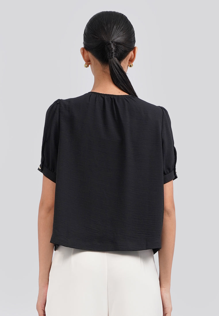 Round Neck Puff Sleeve Blouse Black
