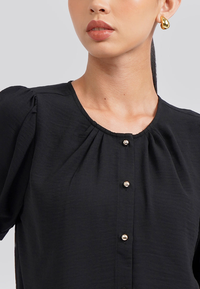 Round Neck Puff Sleeve Blouse Black