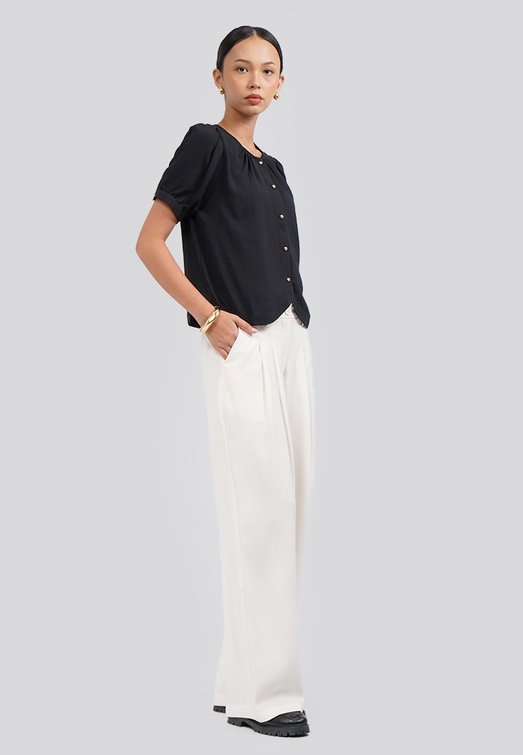 Round Neck Puff Sleeve Blouse Black
