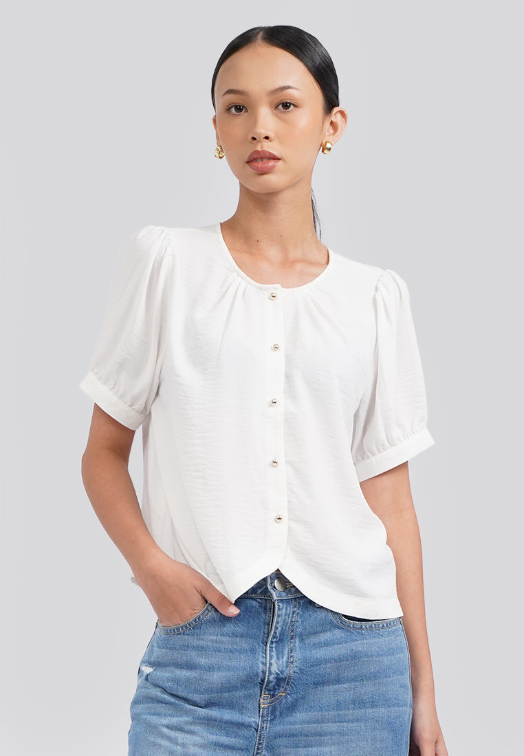 Round Neck Puff Sleeve Blouse Off White