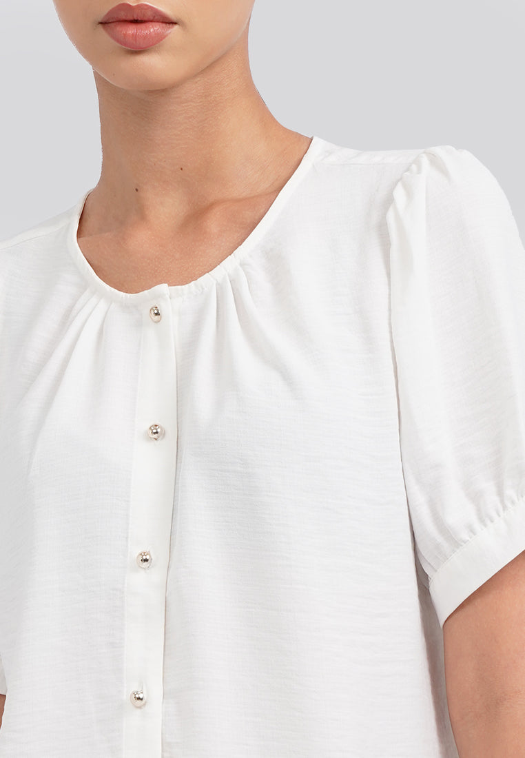 Round Neck Puff Sleeve Blouse Off White