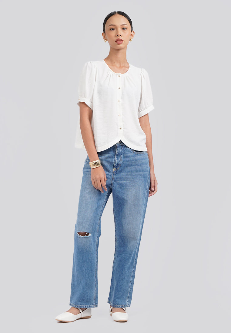 Round Neck Puff Sleeve Blouse Off White