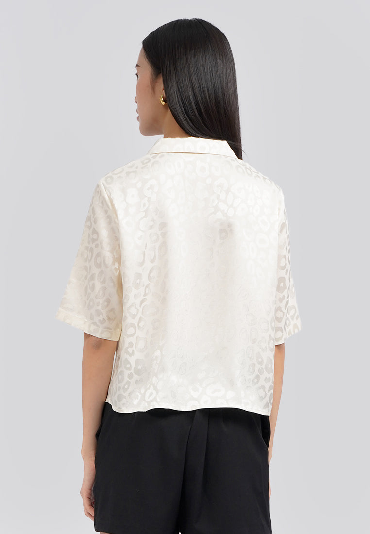 Notch Collar Printed Crop Blouse Ecru