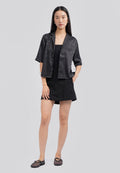 Notch Collar Printed Crop Blouse Black