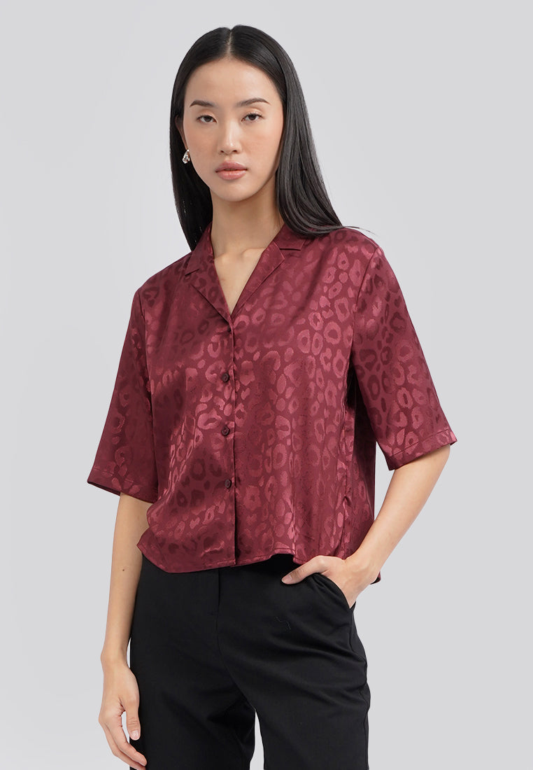 Notch Collar Printed Crop Blouse Berry