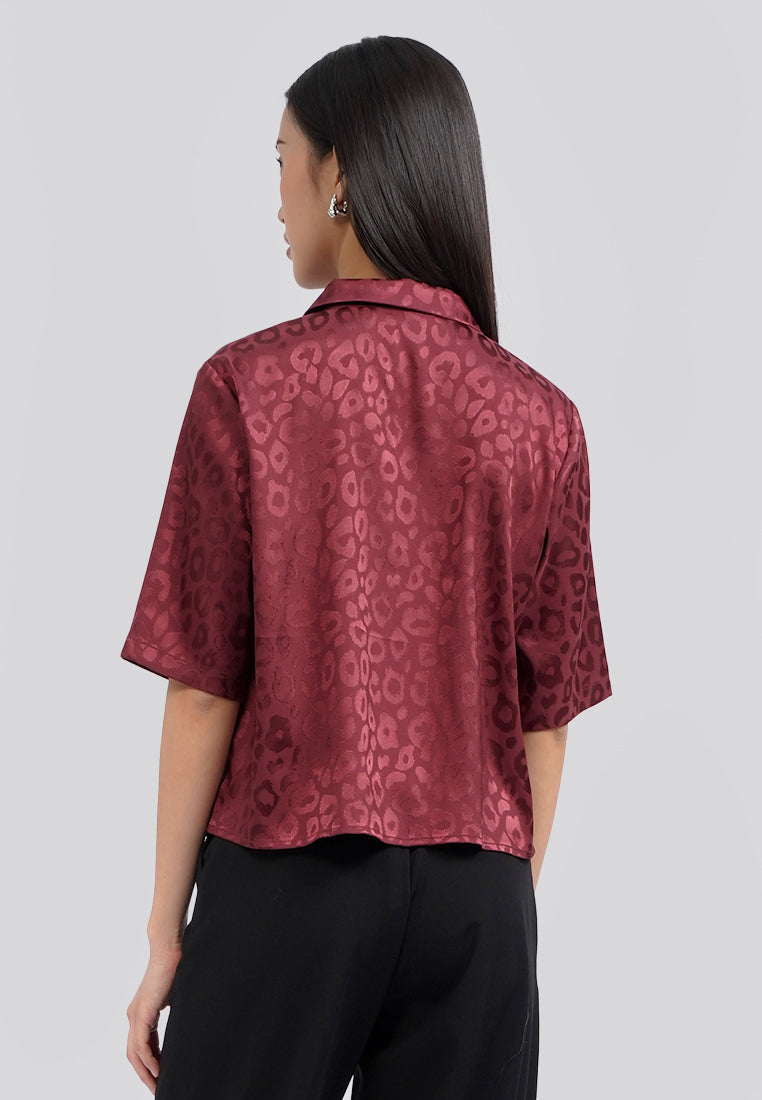 Notch Collar Printed Crop Blouse Berry