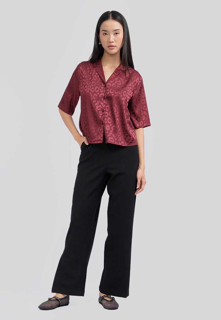 Notch Collar Printed Crop Blouse Berry