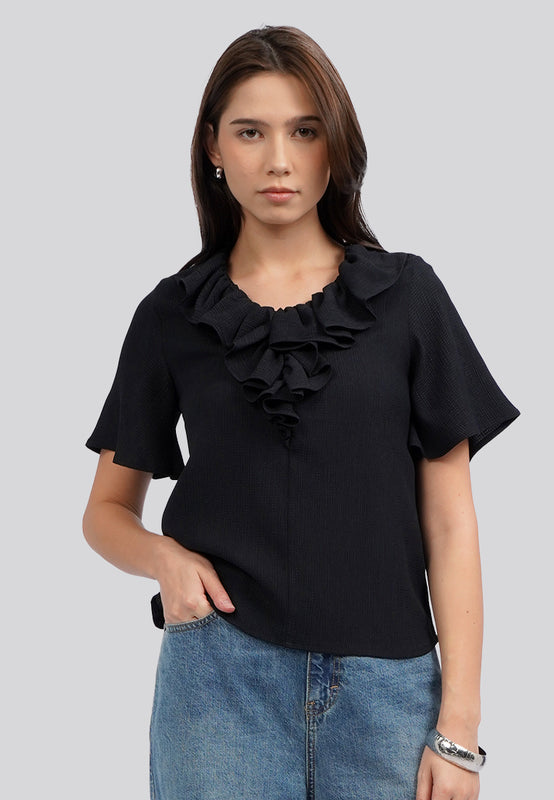 Ruffled V-Neck Short Sleeve Blouse