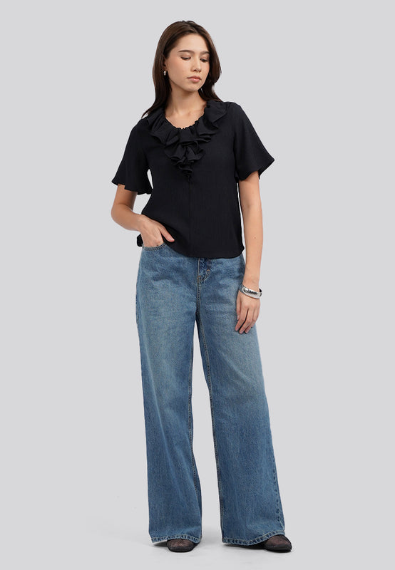Ruffled V-Neck Short Sleeve Blouse