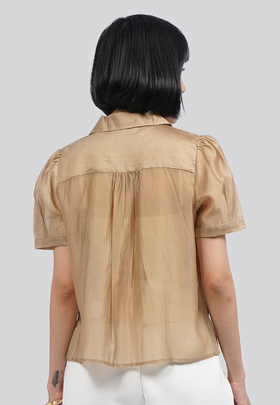 Notch Collar Blouse with Puffy Sleeves