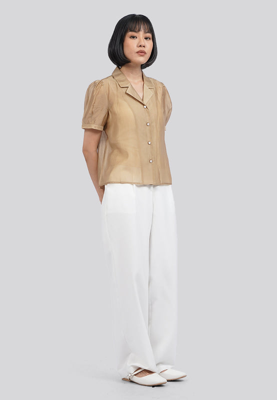 Notch Collar Blouse with Puffy Sleeves
