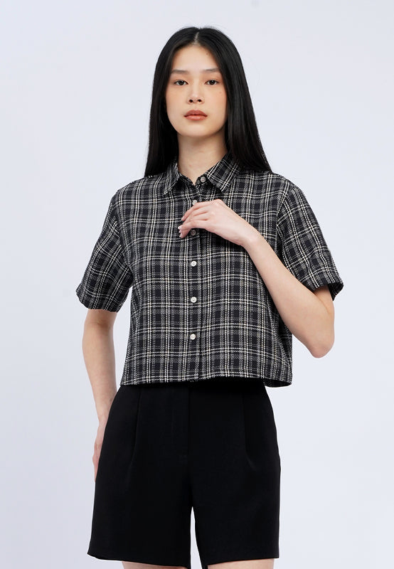Short Sleeve Tweed Boxy Blouse