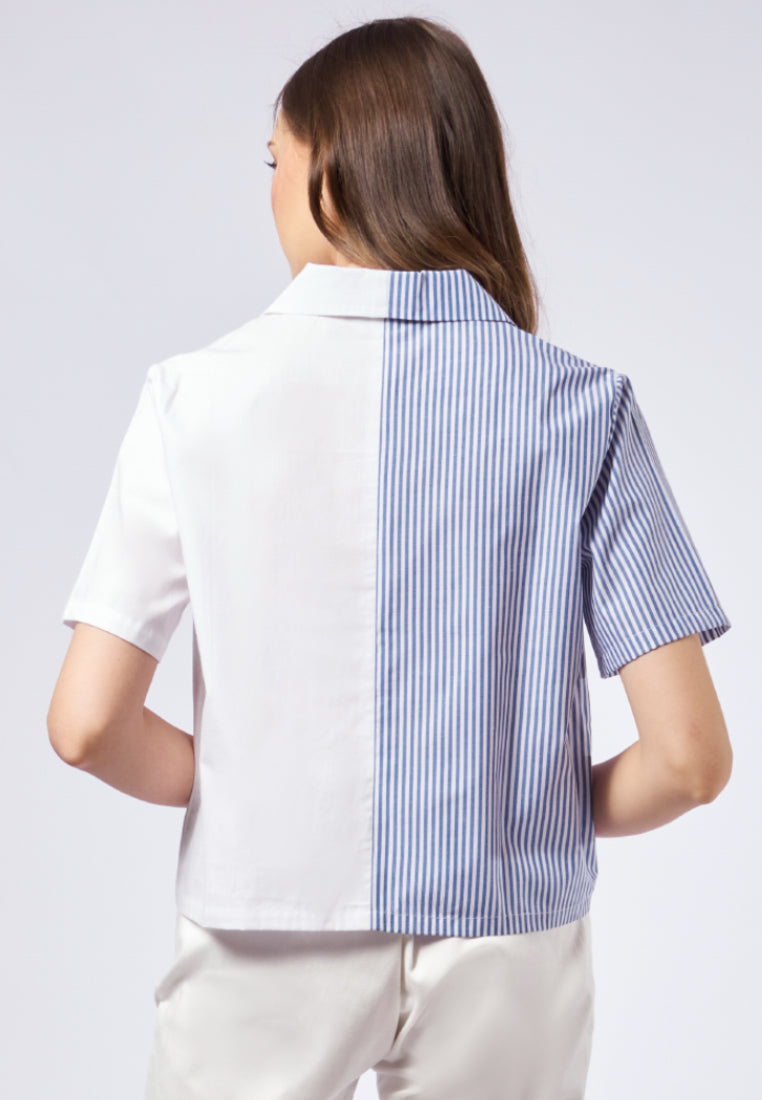 Combined Stripe Notch Collar Blouse