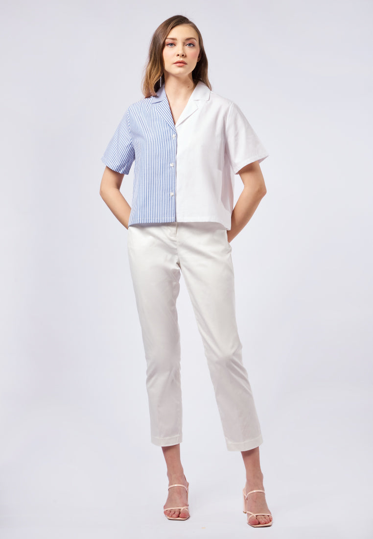 Combined Stripe Notch Collar Blouse