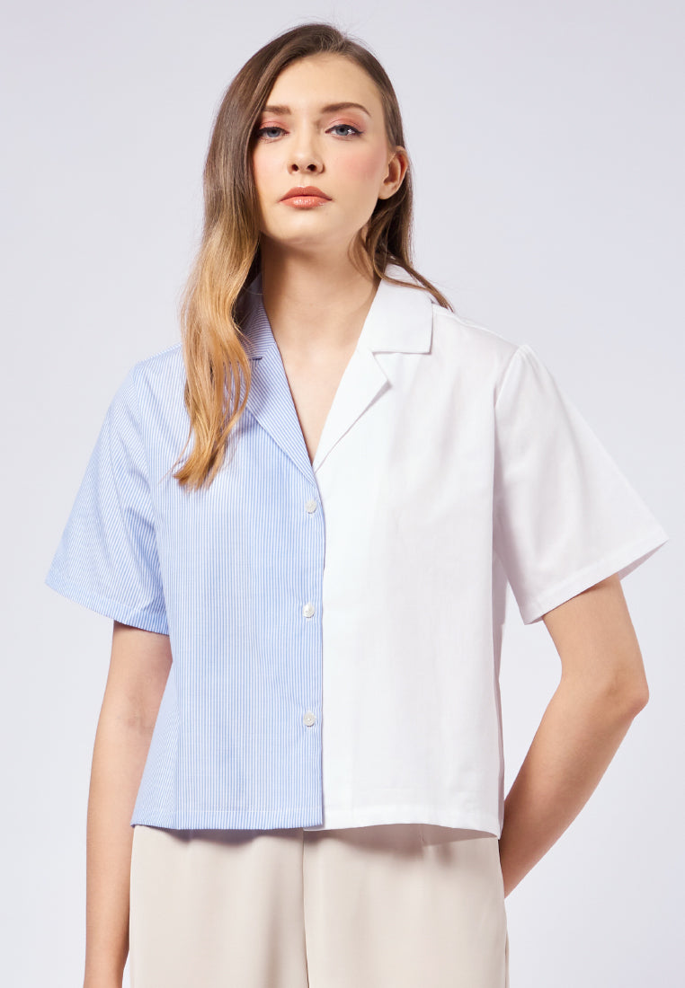 Combined Stripe Notch Collar Blouse