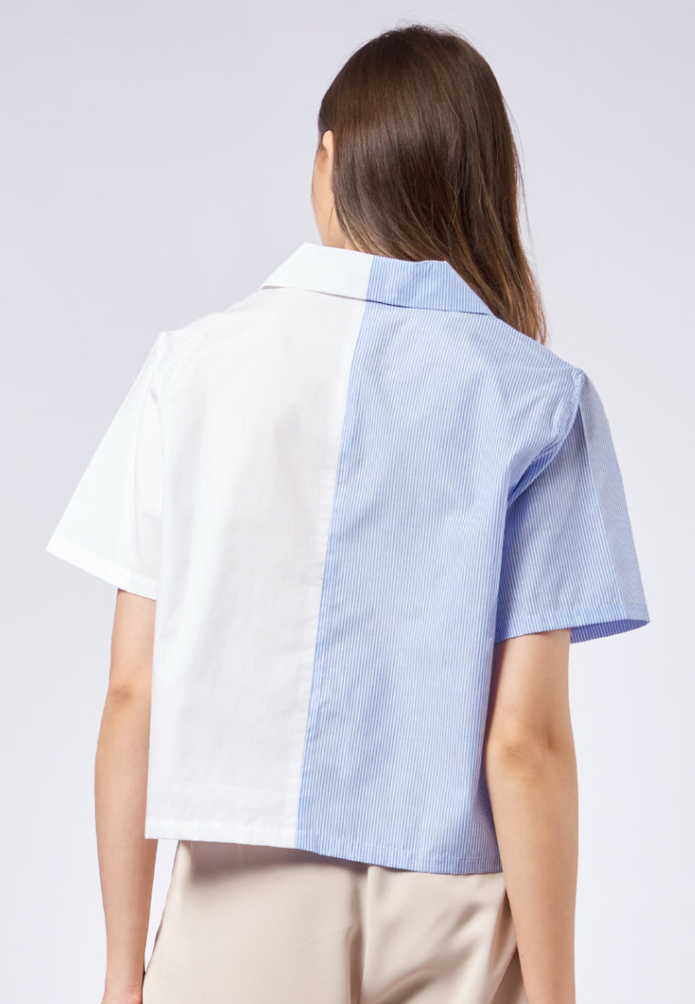 Combined Stripe Notch Collar Blouse