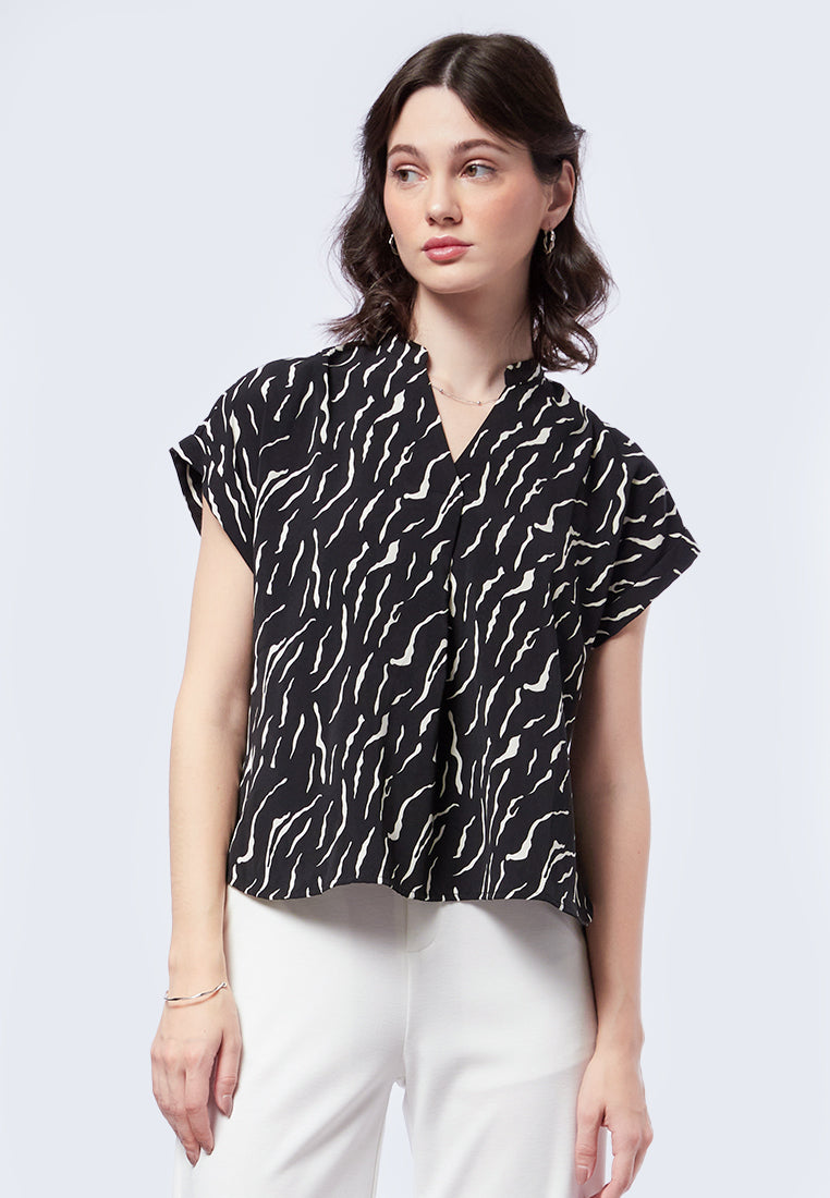 V-Neck Printed Short Sleeve Blouse