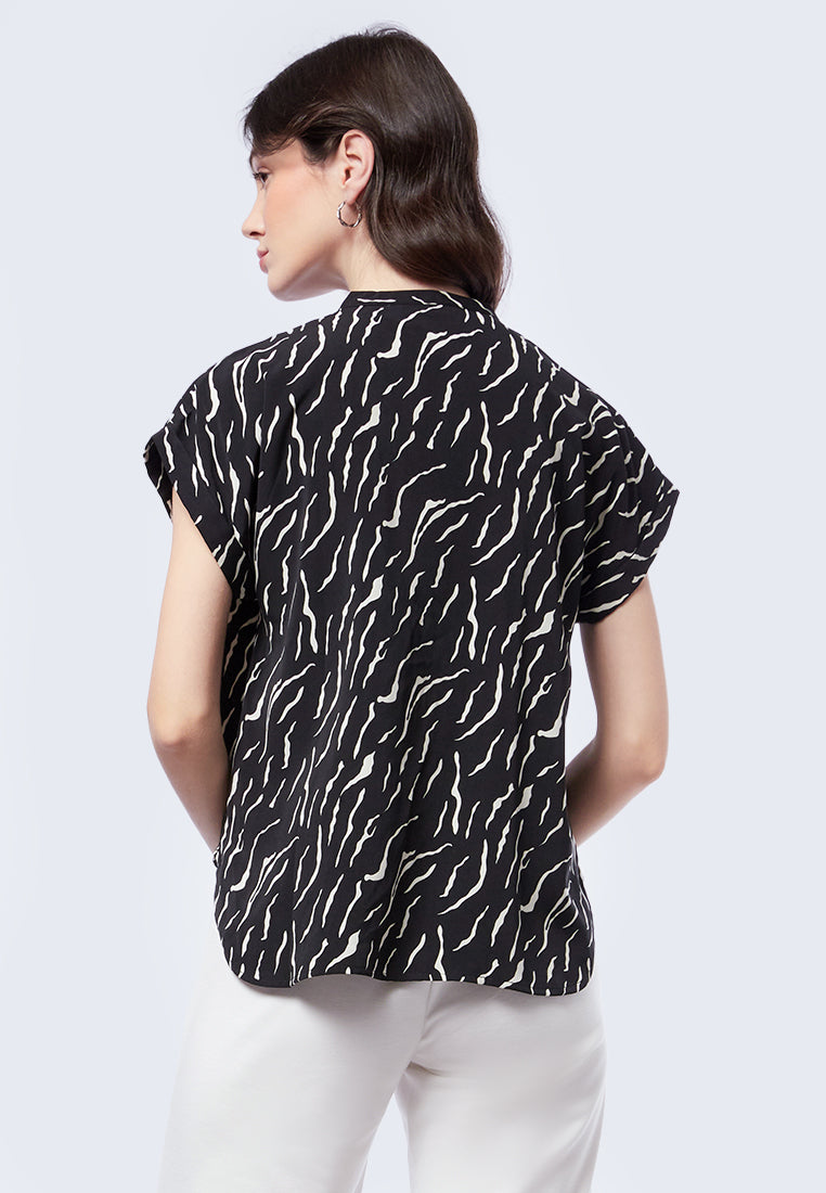V-Neck Printed Short Sleeve Blouse