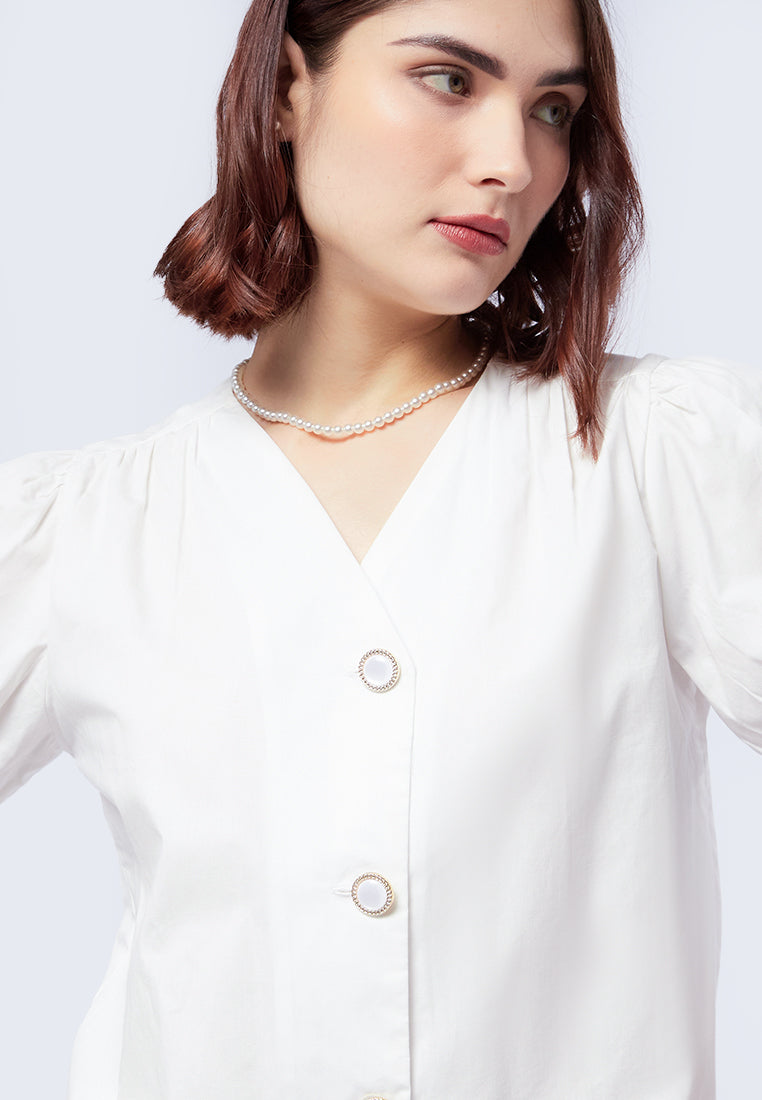 V-Neck Blouse with Fancy Button