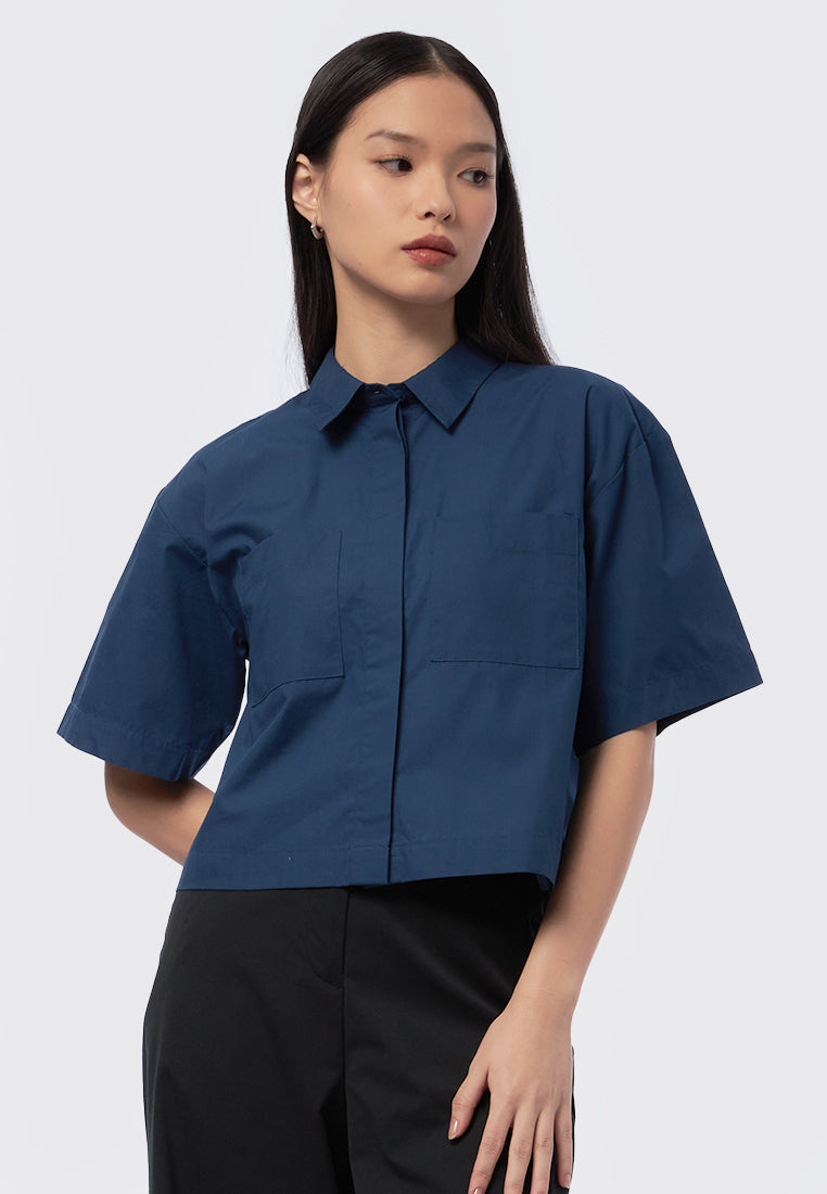 Short Sleeve Blouse with Hidden Button