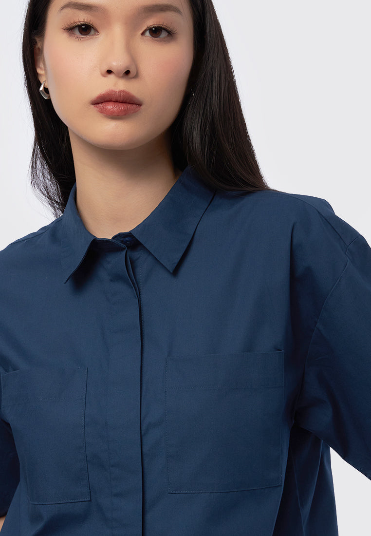 Short Sleeve Blouse with Hidden Button