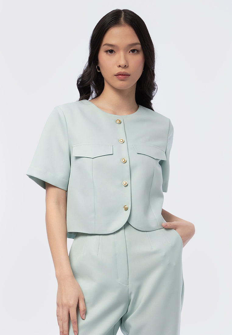 Round Neck Short Sleeve Crop Blouse