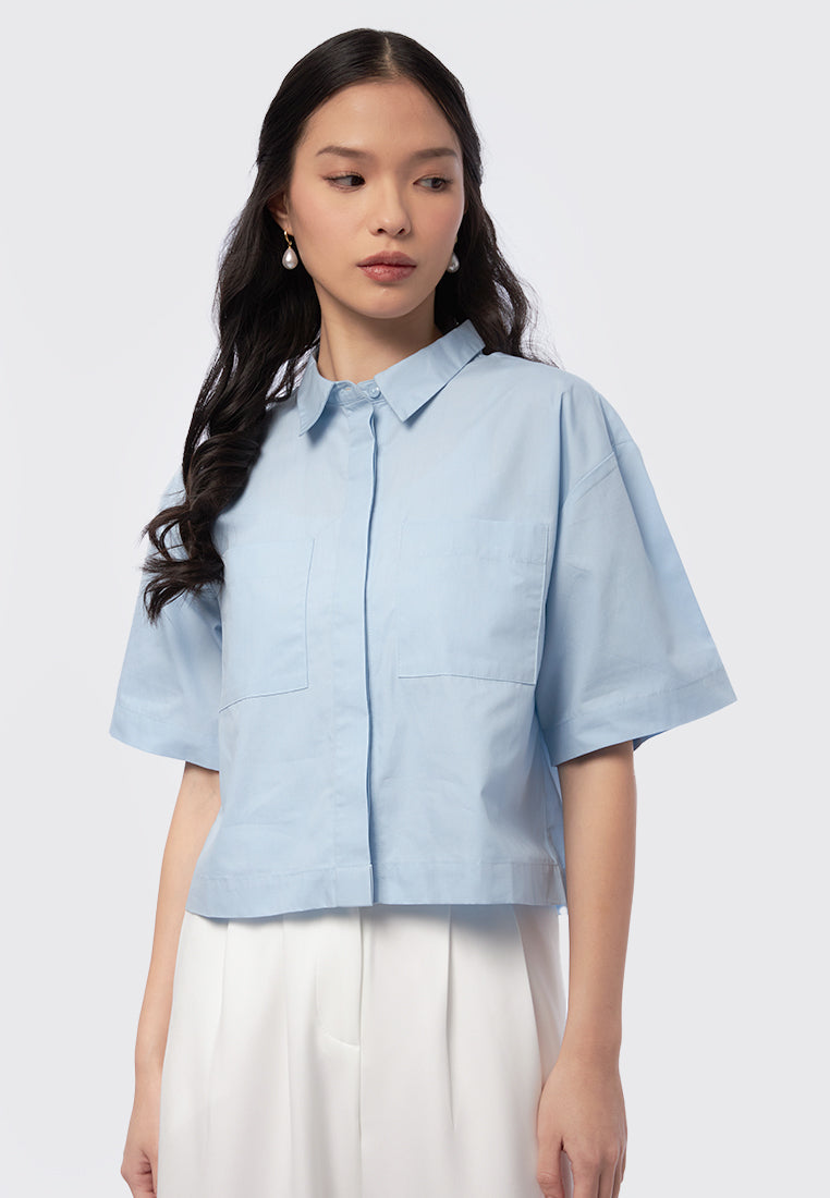 Short Sleeve Blouse with Hidden Button