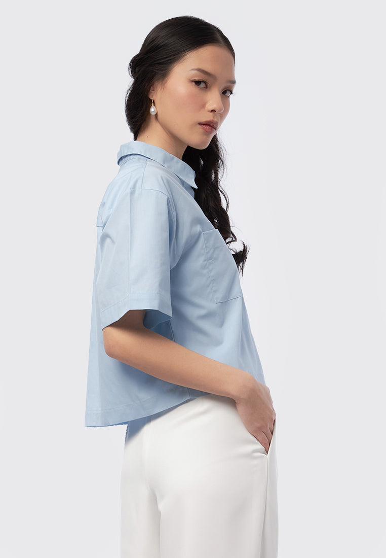 Short Sleeve Blouse with Hidden Button