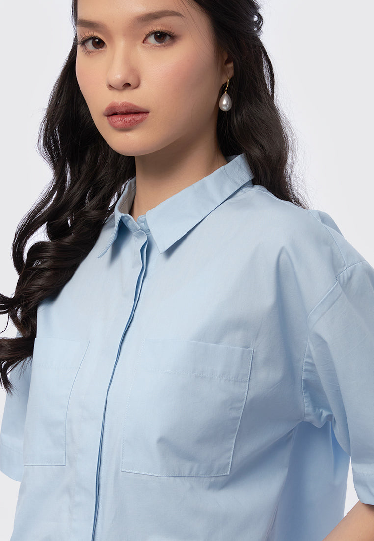 Short Sleeve Blouse with Hidden Button