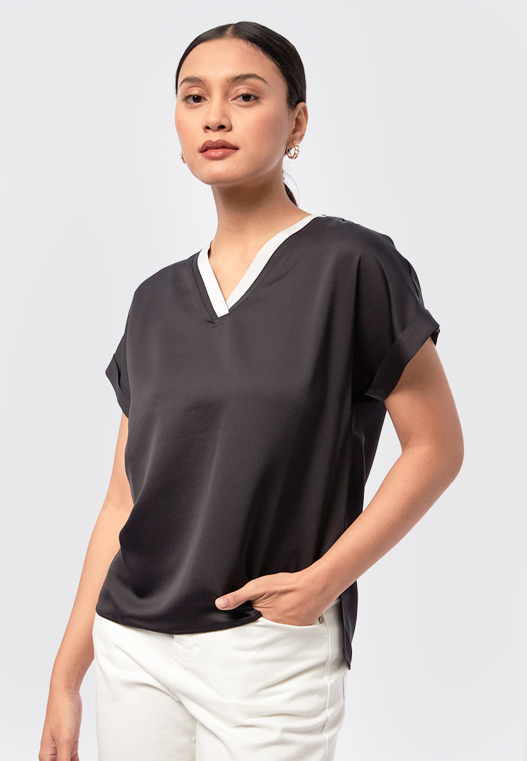 Colorblock Trim Collared Top Black