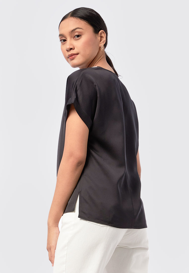 Colorblock Trim Collared Top Black