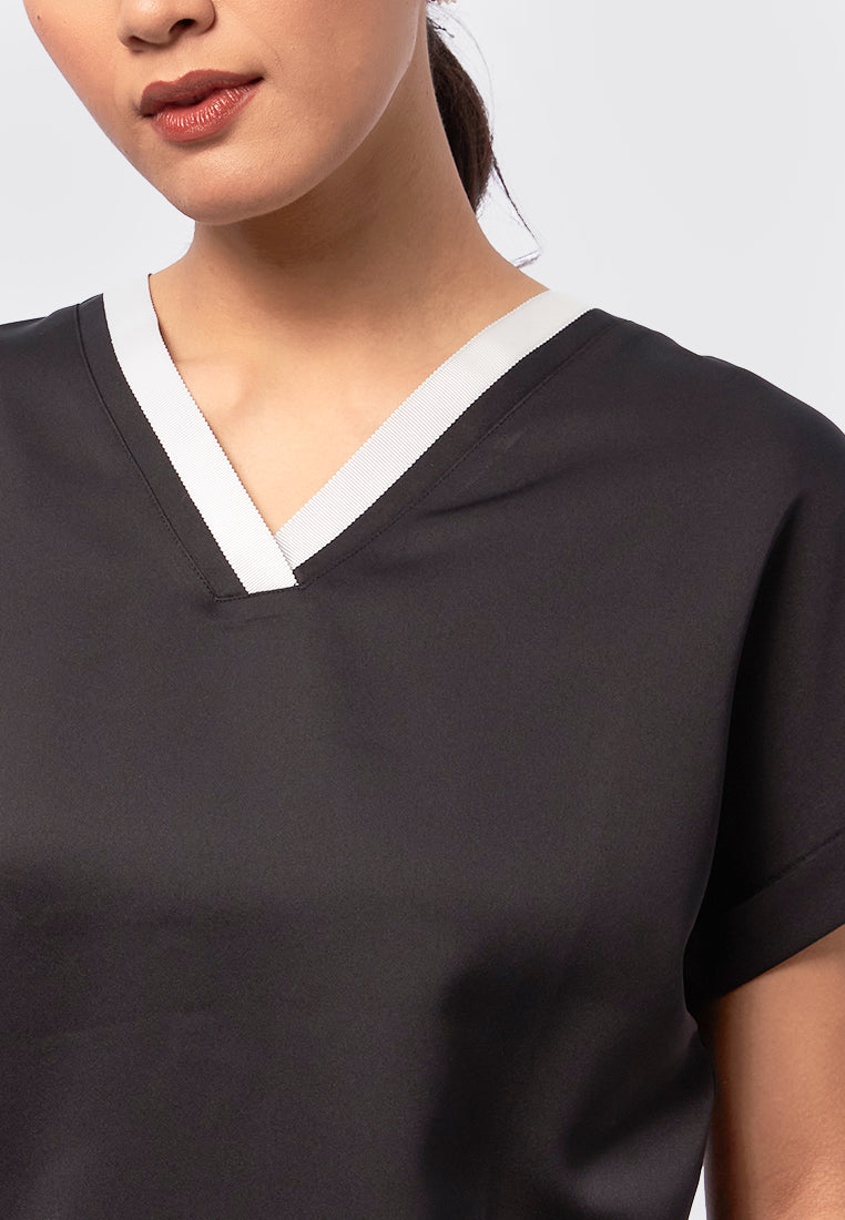 Colorblock Trim Collared Top Black