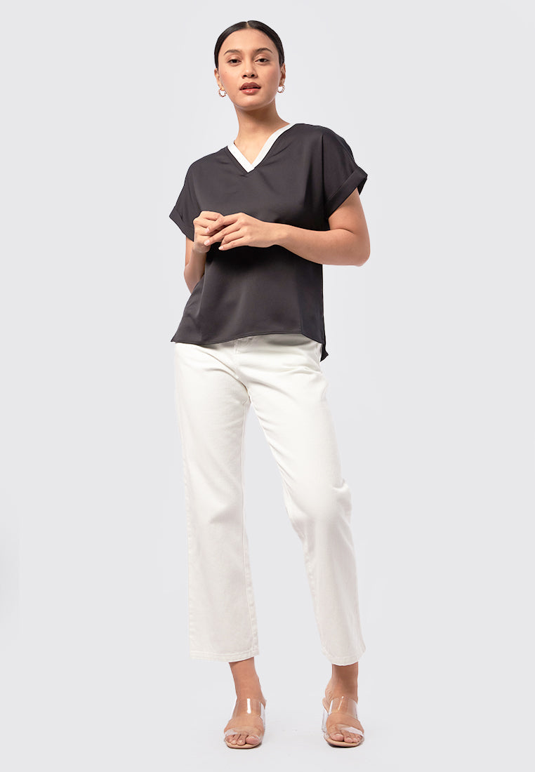 Colorblock Trim Collared Top Black