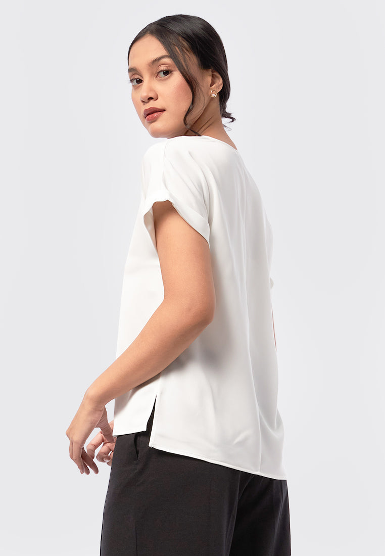Colorblock Trim Collared Top Off White