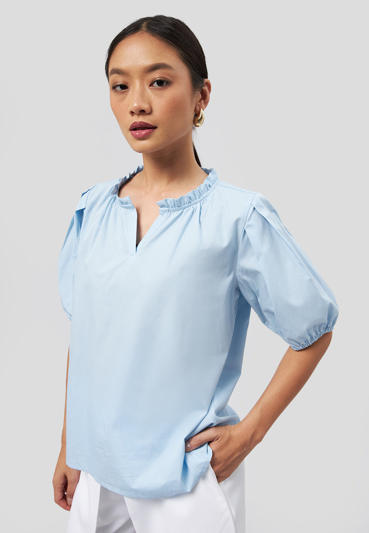 Puff Sleeve V-Neck Blouse Light Blue