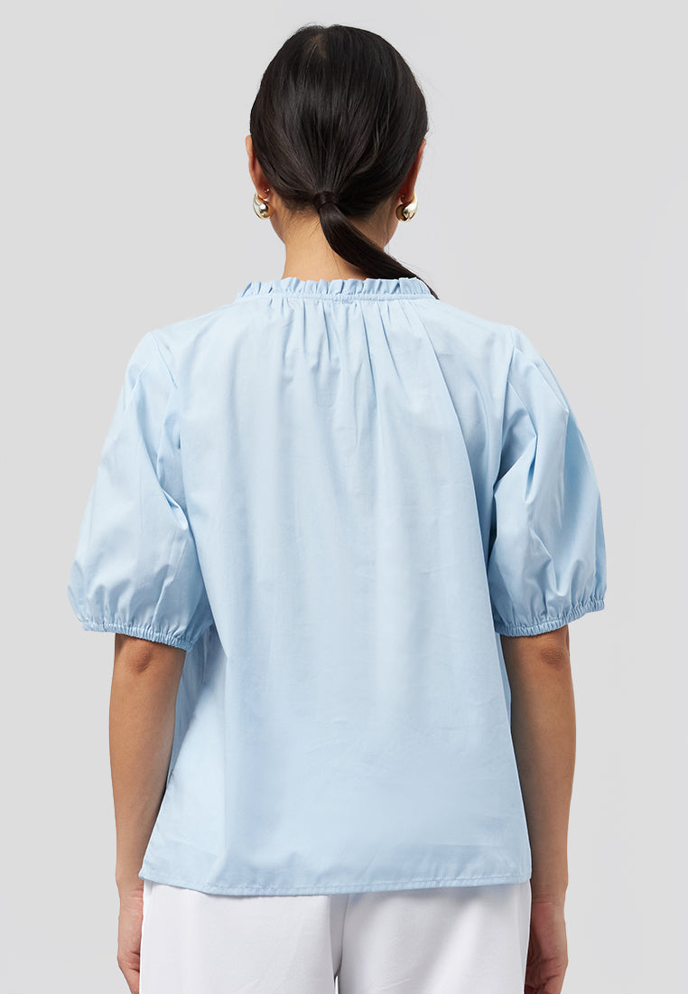 Puff Sleeve V-Neck Blouse Light Blue