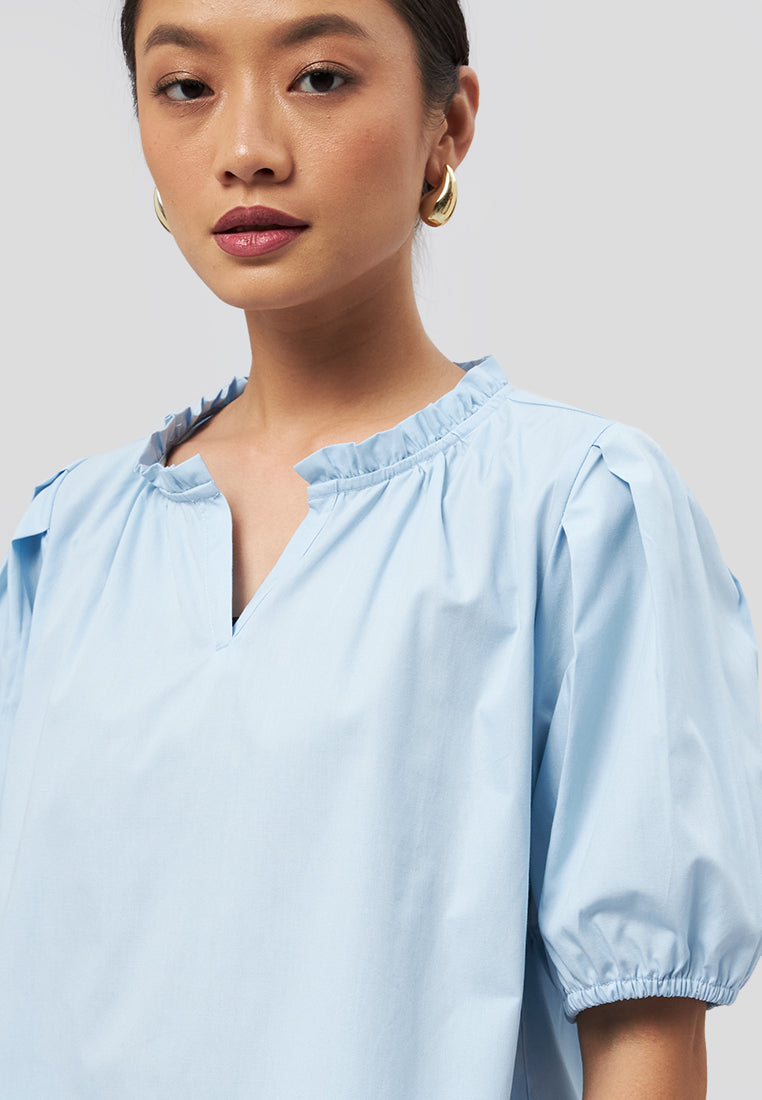 Puff Sleeve V-Neck Blouse Light Blue