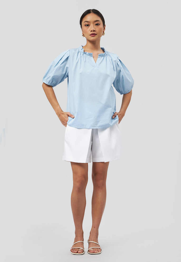 Puff Sleeve V-Neck Blouse Light Blue