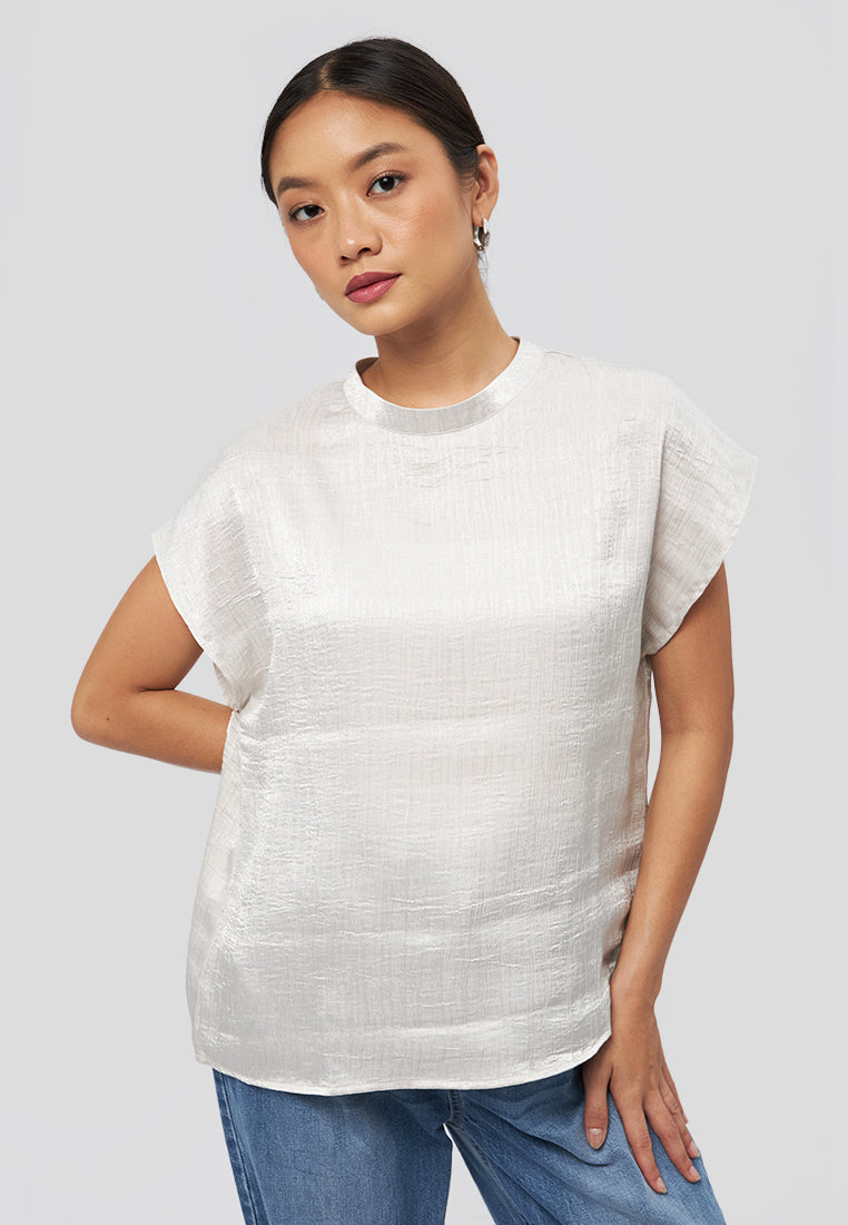 Short Sleeve Crinkle Top Beige
