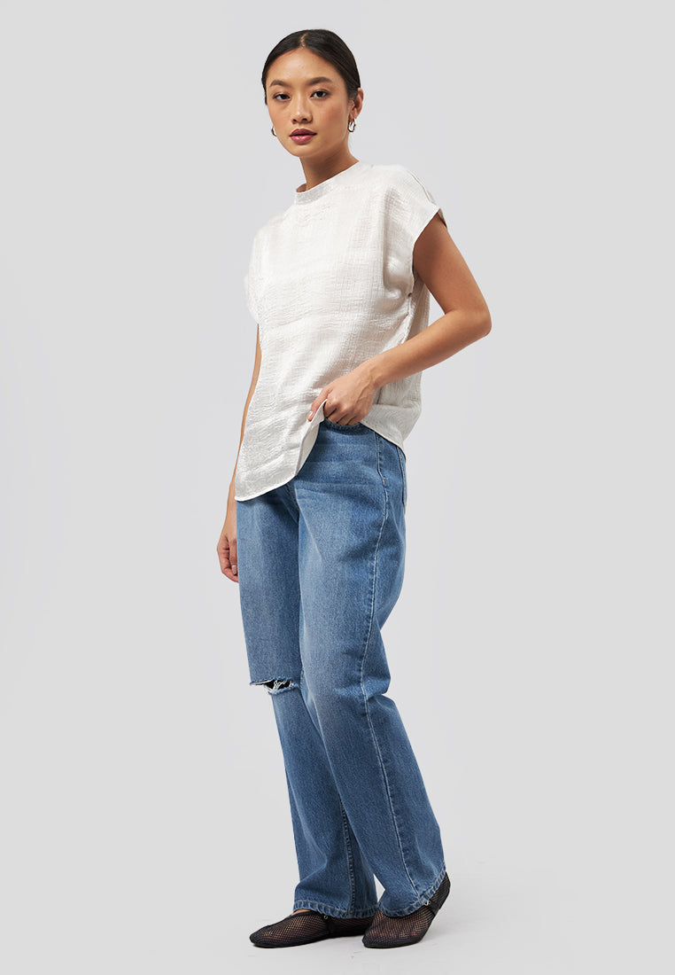 Short Sleeve Crinkle Top Beige