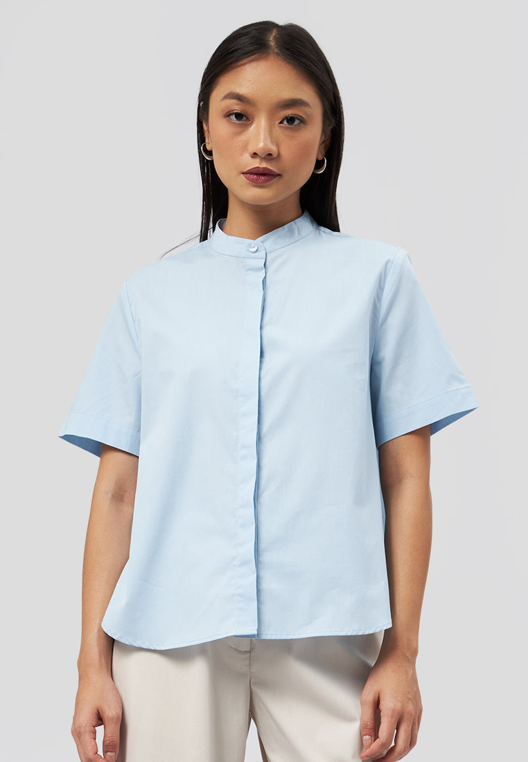 Mandarin Collar Short Sleeve Blouse L.Blue