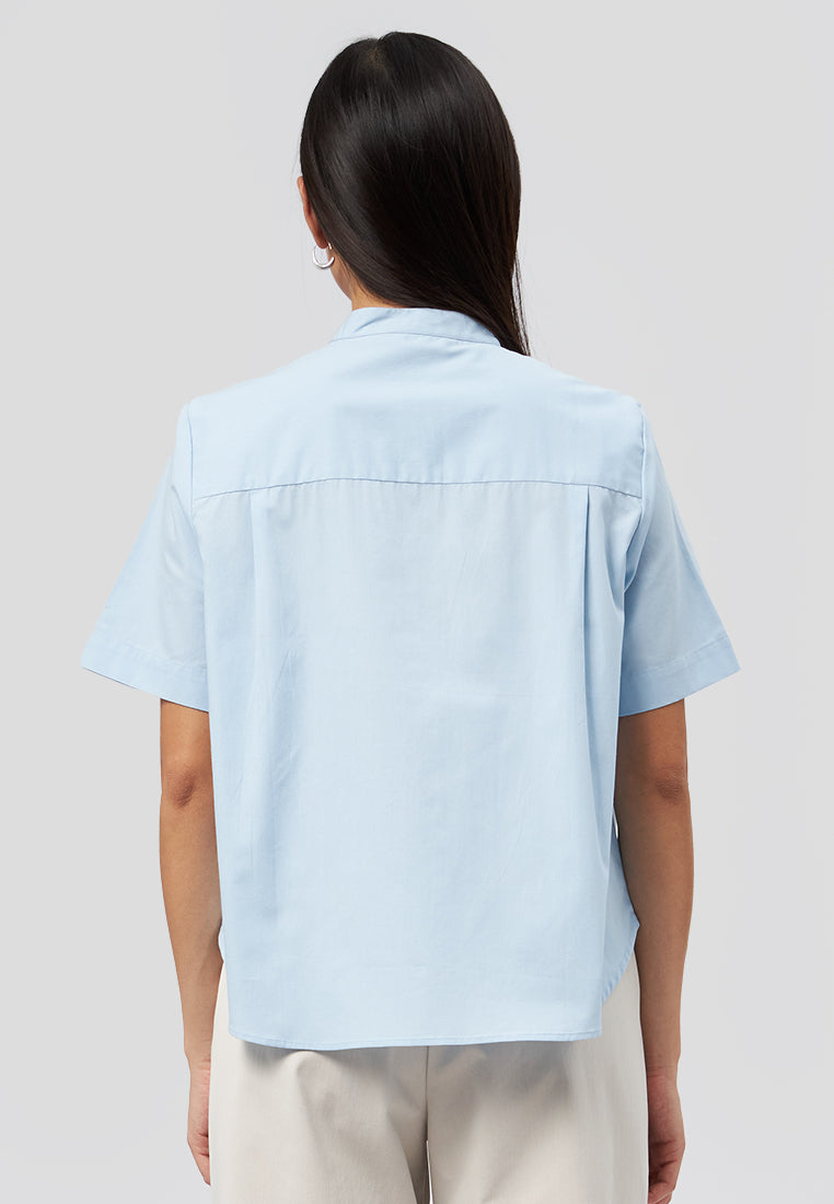 Mandarin Collar Short Sleeve Blouse L.Blue