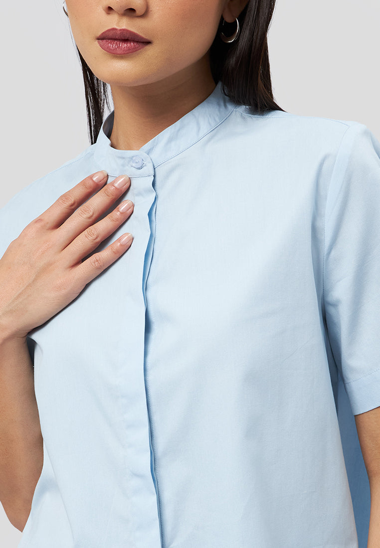 Mandarin Collar Short Sleeve Blouse L.Blue