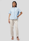 Mandarin Collar Short Sleeve Blouse L.Blue