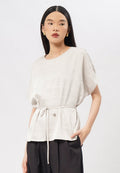 Round Neck Blouse with Belt String Lt. Beige
