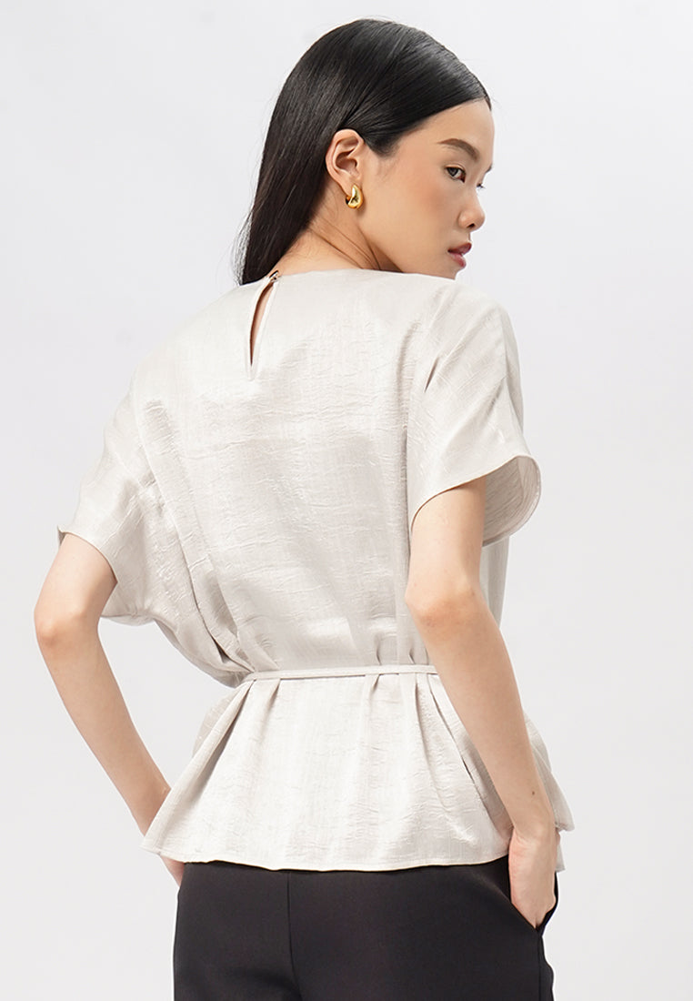 Round Neck Blouse with Belt String Lt. Beige
