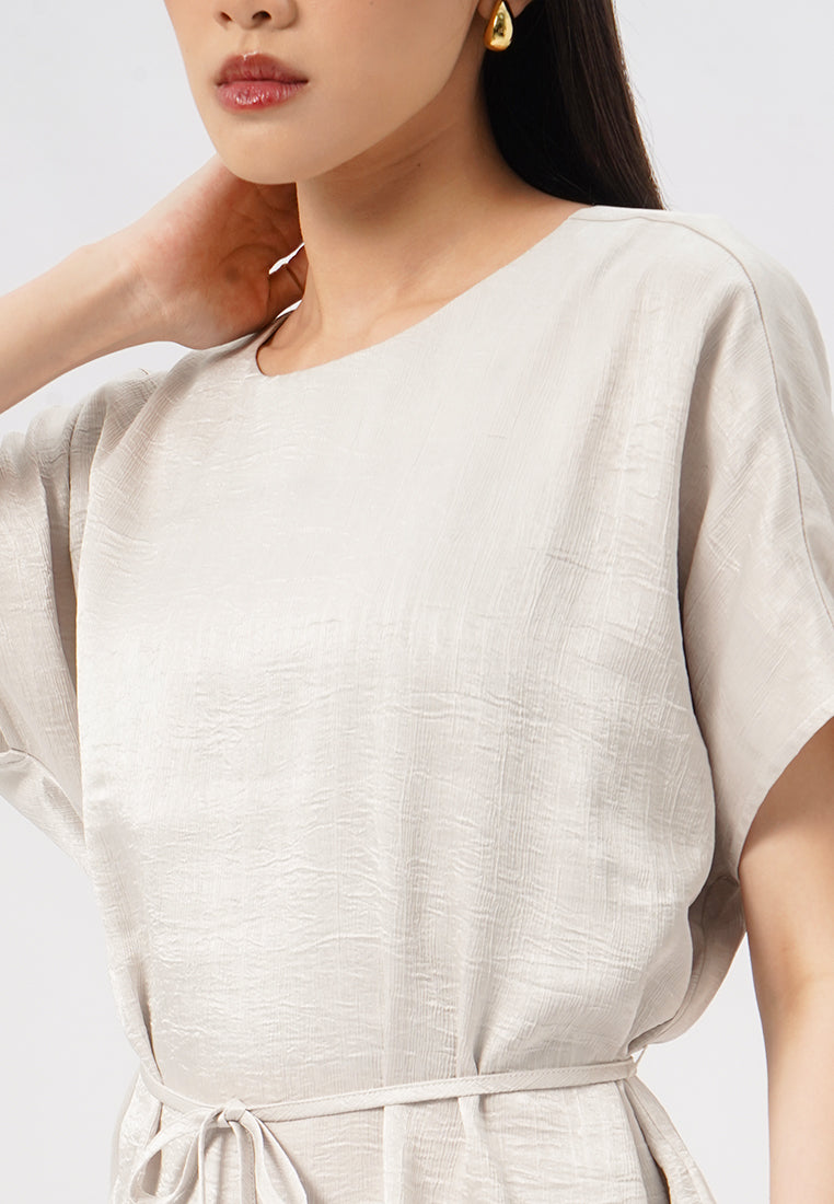 Round Neck Blouse with Belt String Lt. Beige